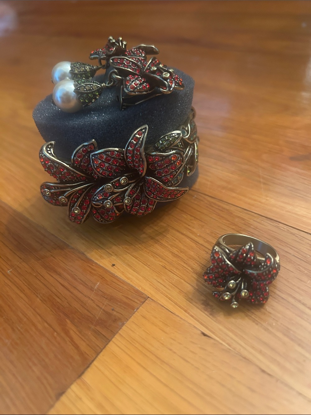 Heidi Daus Red and Gold Crystal Floral Bracelet, Earrings & Ring Set